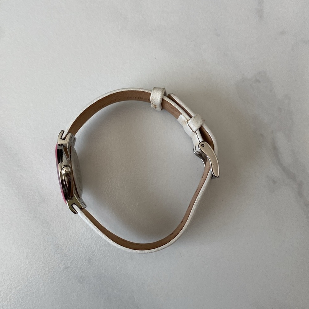 Skagen Watch Women Silver Tone 26mm Pink Bezel White Leather Band - Picture 2 of 4